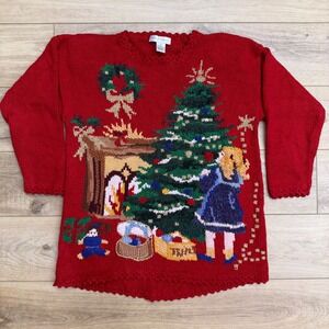 Vintage Christmas Ugly Sweater Tree Fireplace Scene Size M Kim Rogers Red